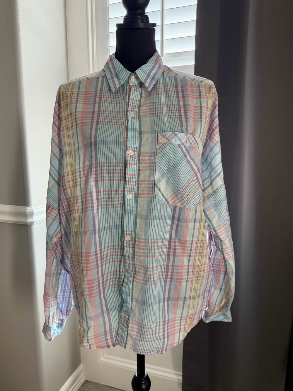 BDG Pastel Plaid Button-Down Shirt in Blue, Pink & Yellow Oversized